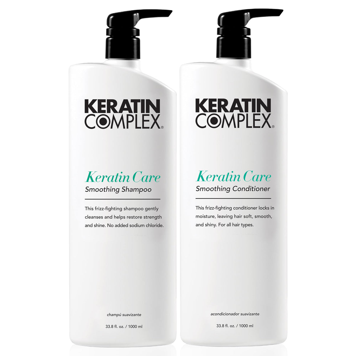 Keratin Complex front packaging showing both large bottles and smooth-hair benefit