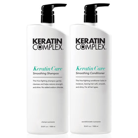 Keratin Complex front packaging showing both large bottles and smooth-hair benefit
