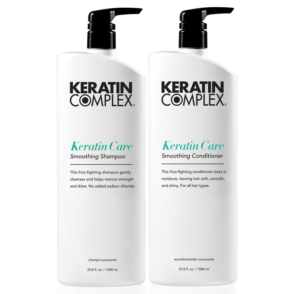 Keratin Complex front packaging showing both large bottles and smooth-hair benefit