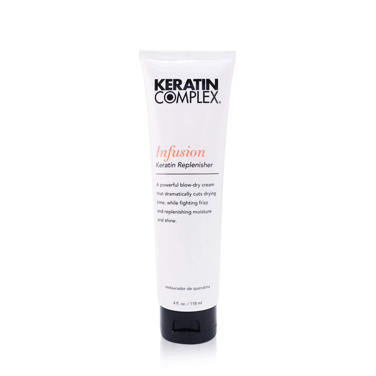 Keratin Complex front view of 4 oz tube showing product label and portability benefit