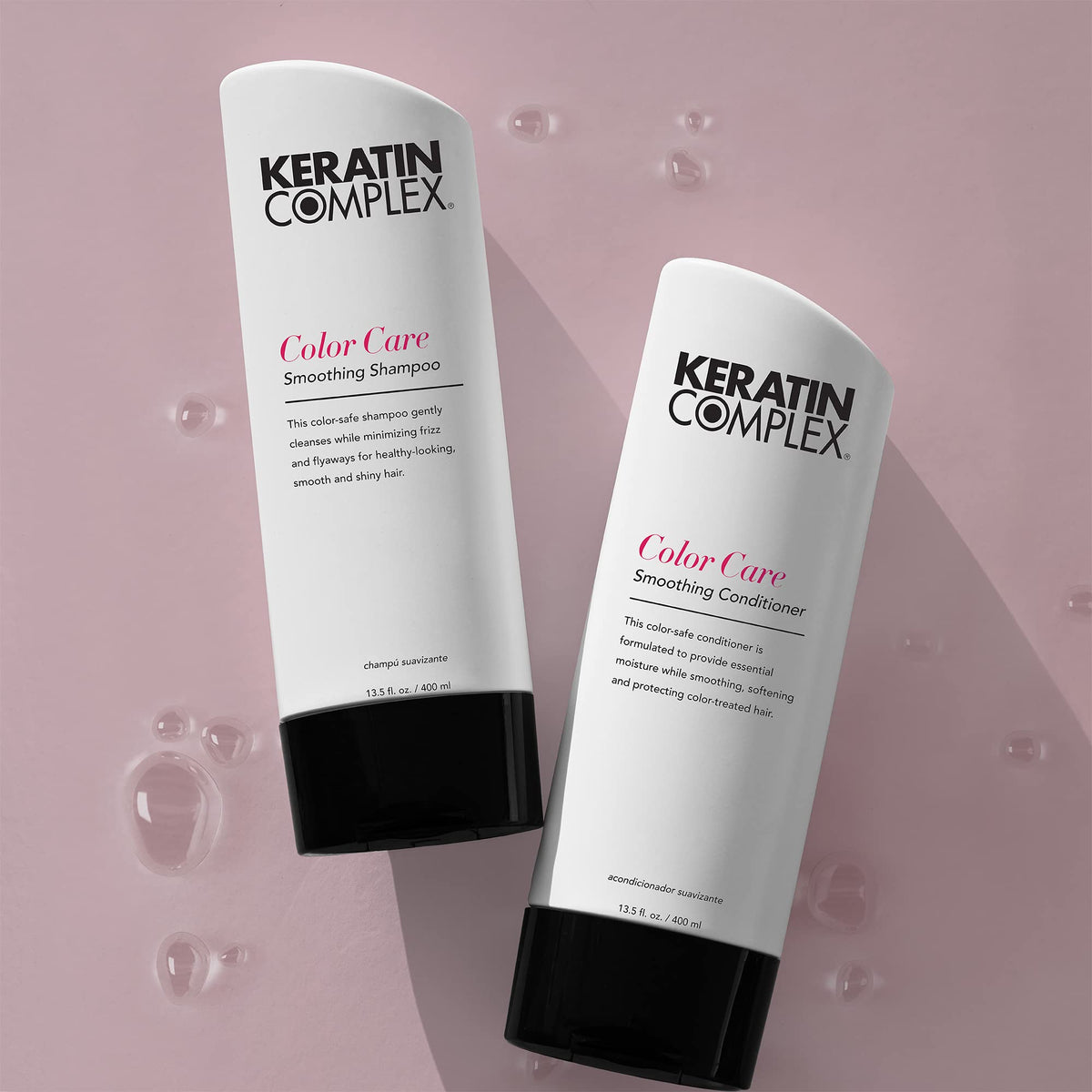 Keratin Complex bottle staged in bathroom showing routine use and salon-quality results