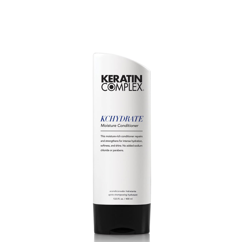 Keratin Complex bottle front view showing label and moisturizing benefits