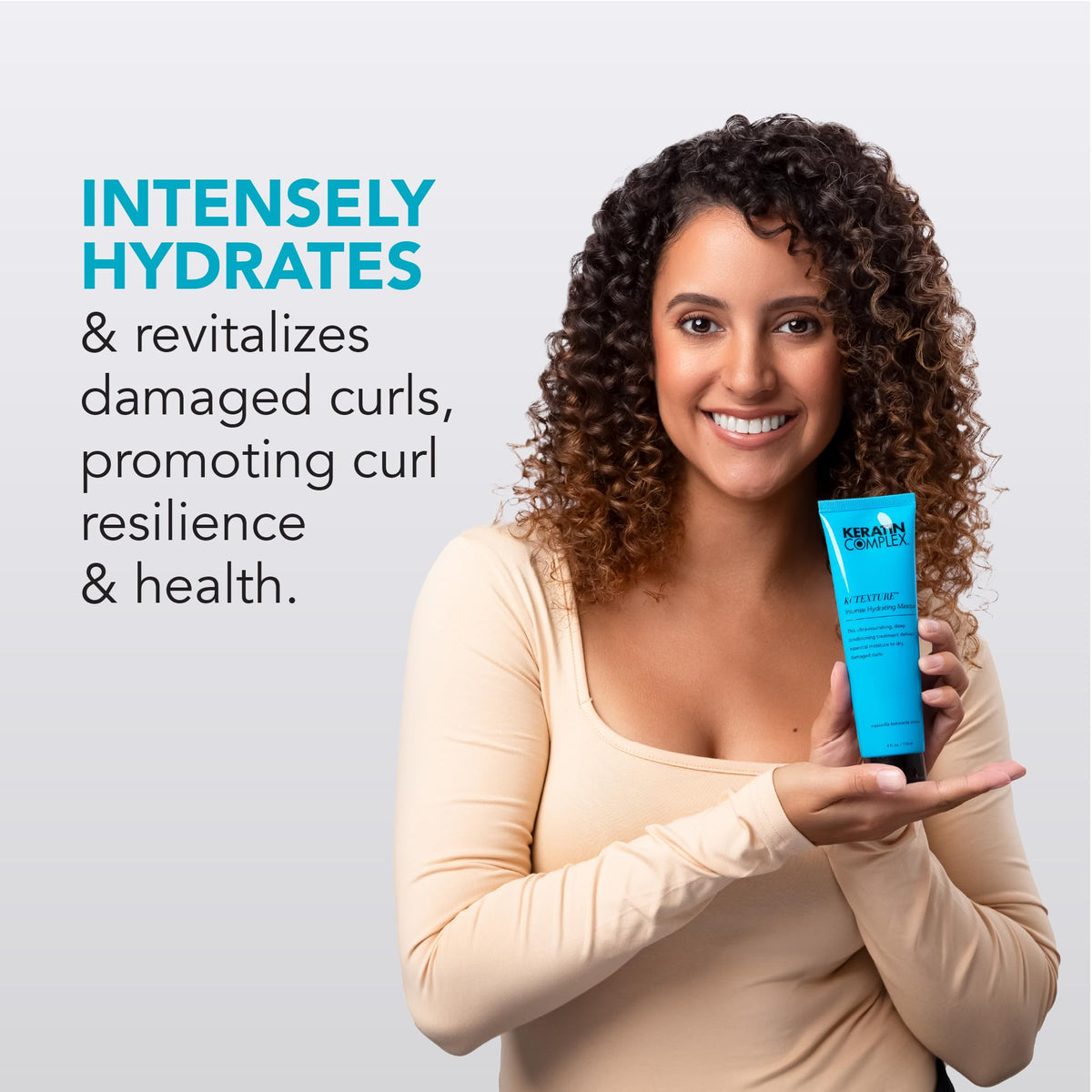 Keratin Complex next to a 4 fl oz ruler for size clarity and travel-friendly benefit