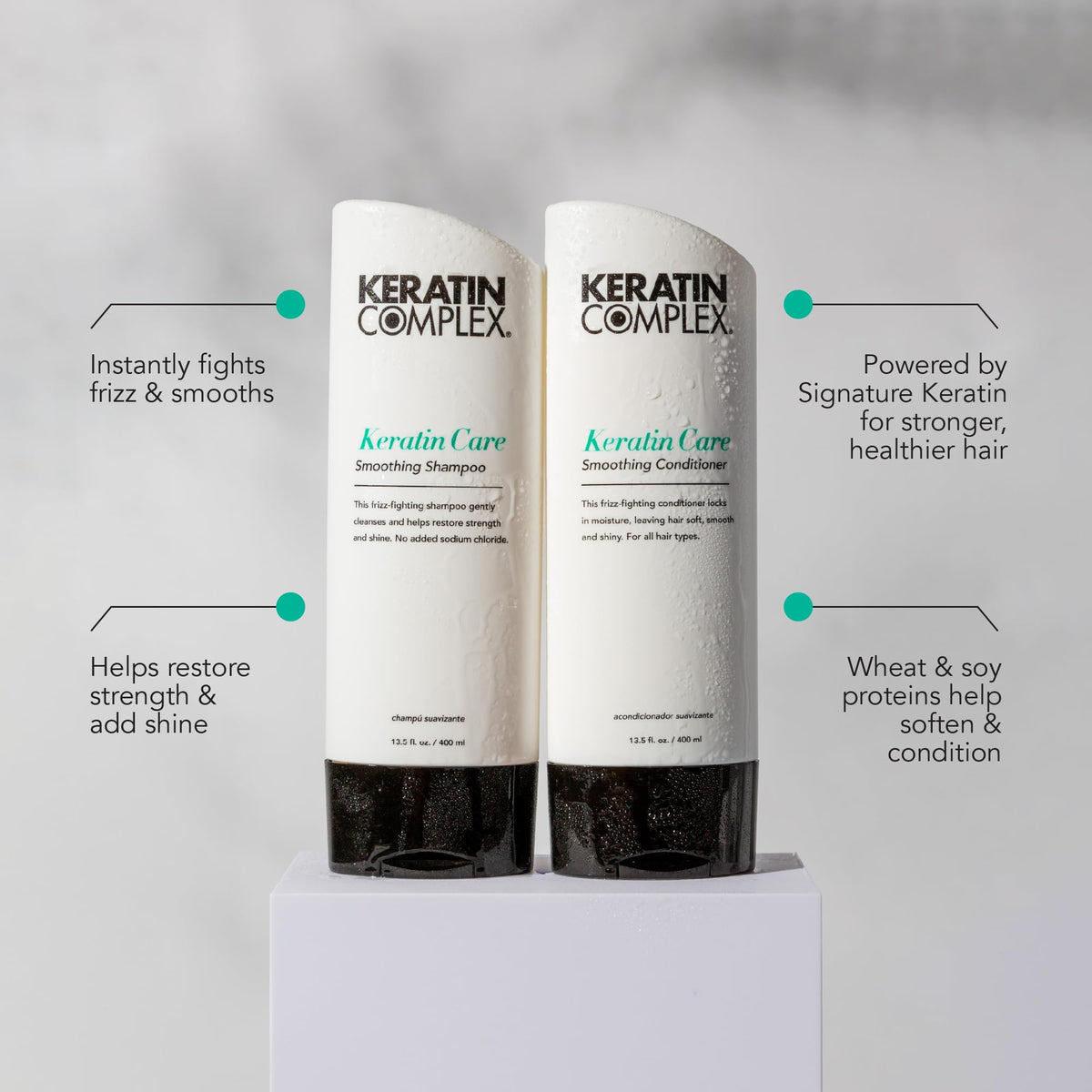 Keratin Complex label and pump close-up highlighting easy dispensing
