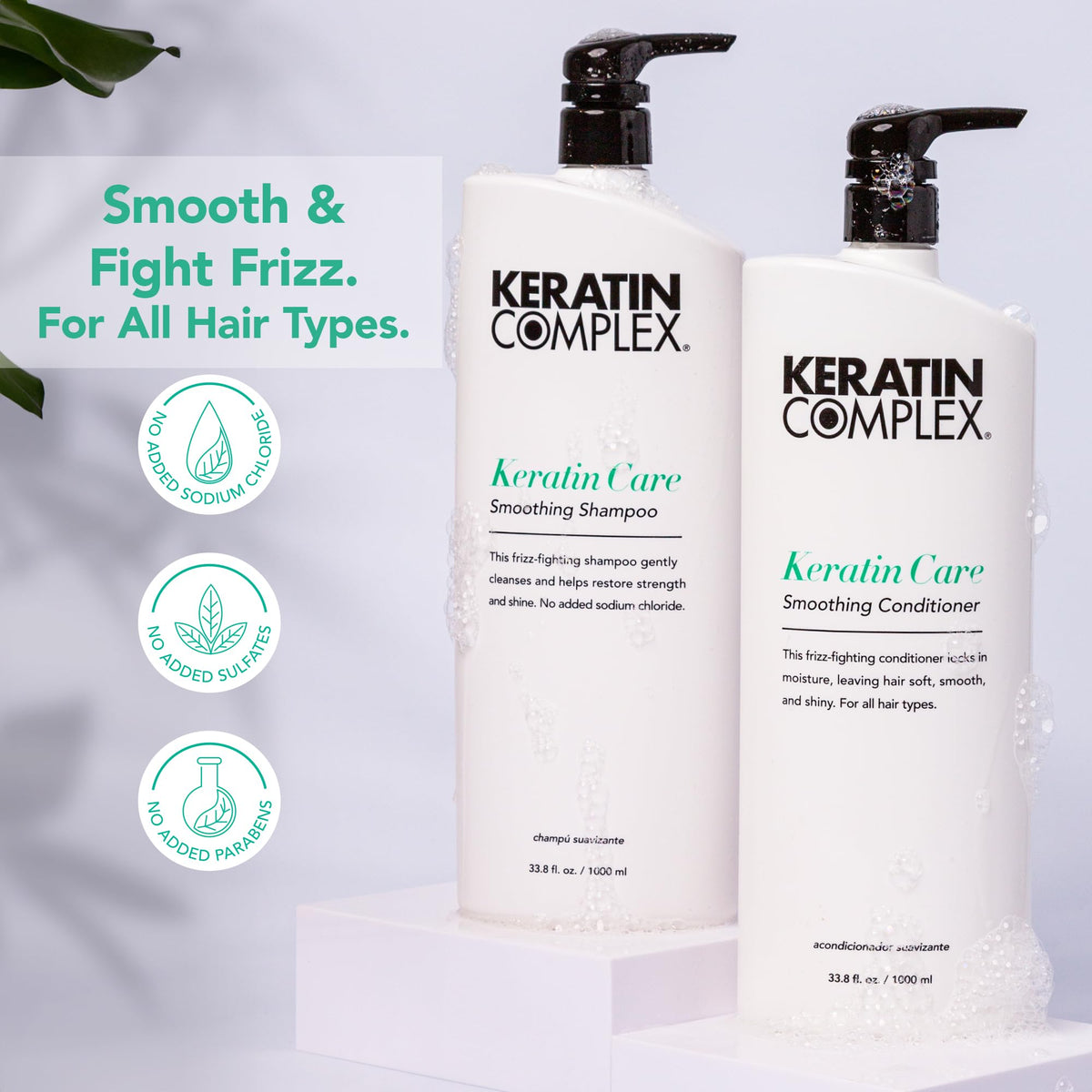 Keratin Complex shampoo bottle label close-up highlighting keratin-enriched formula benefit