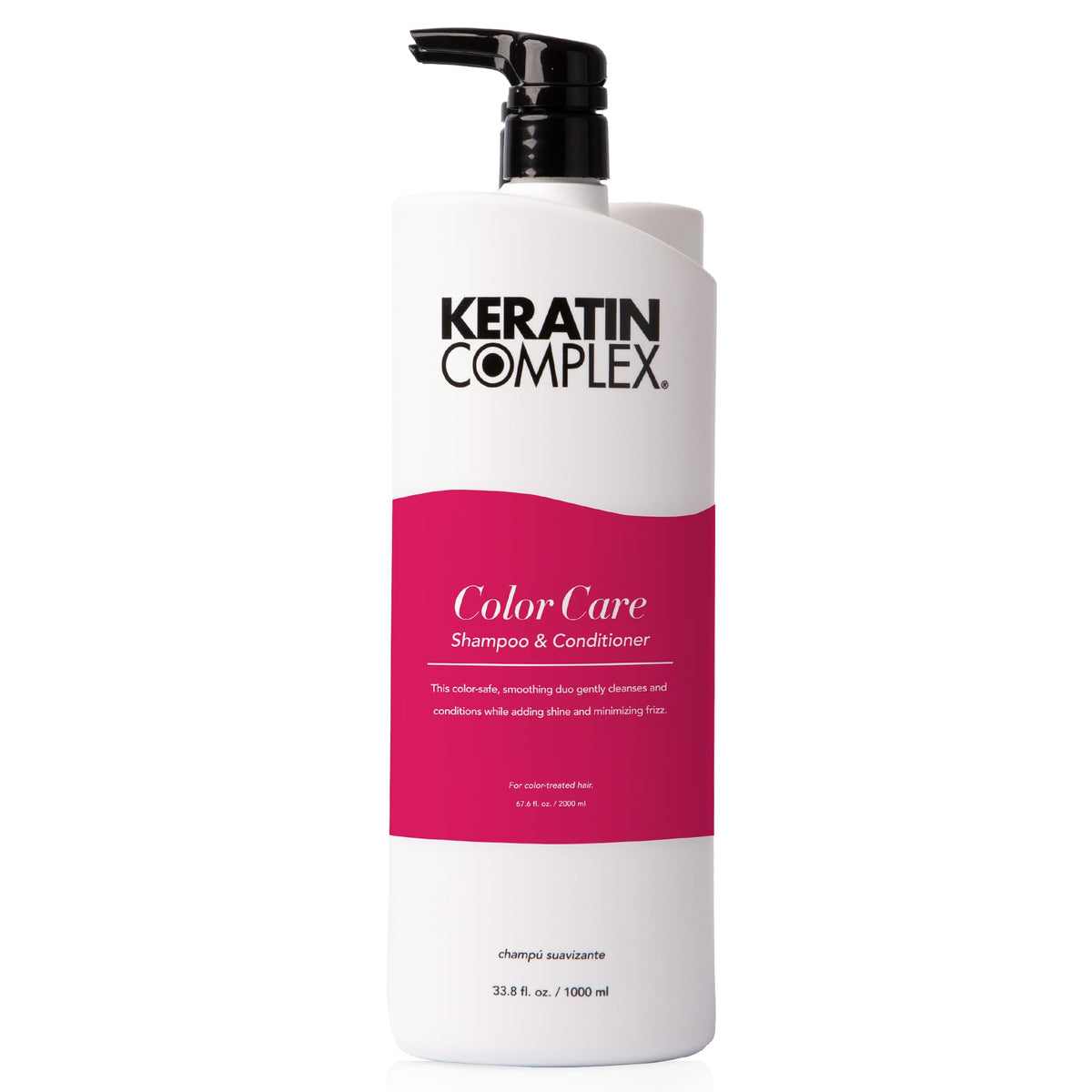 Keratin Complex size scale bottles in hand emphasizing large 33.8 fl oz value and longevity