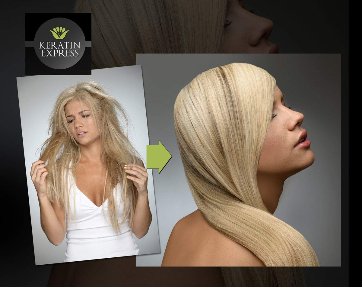 Keratin Express before and after hair showing reduced frizz and shine