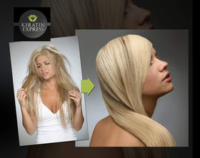 Keratin Express before and after hair showing reduced frizz and shine