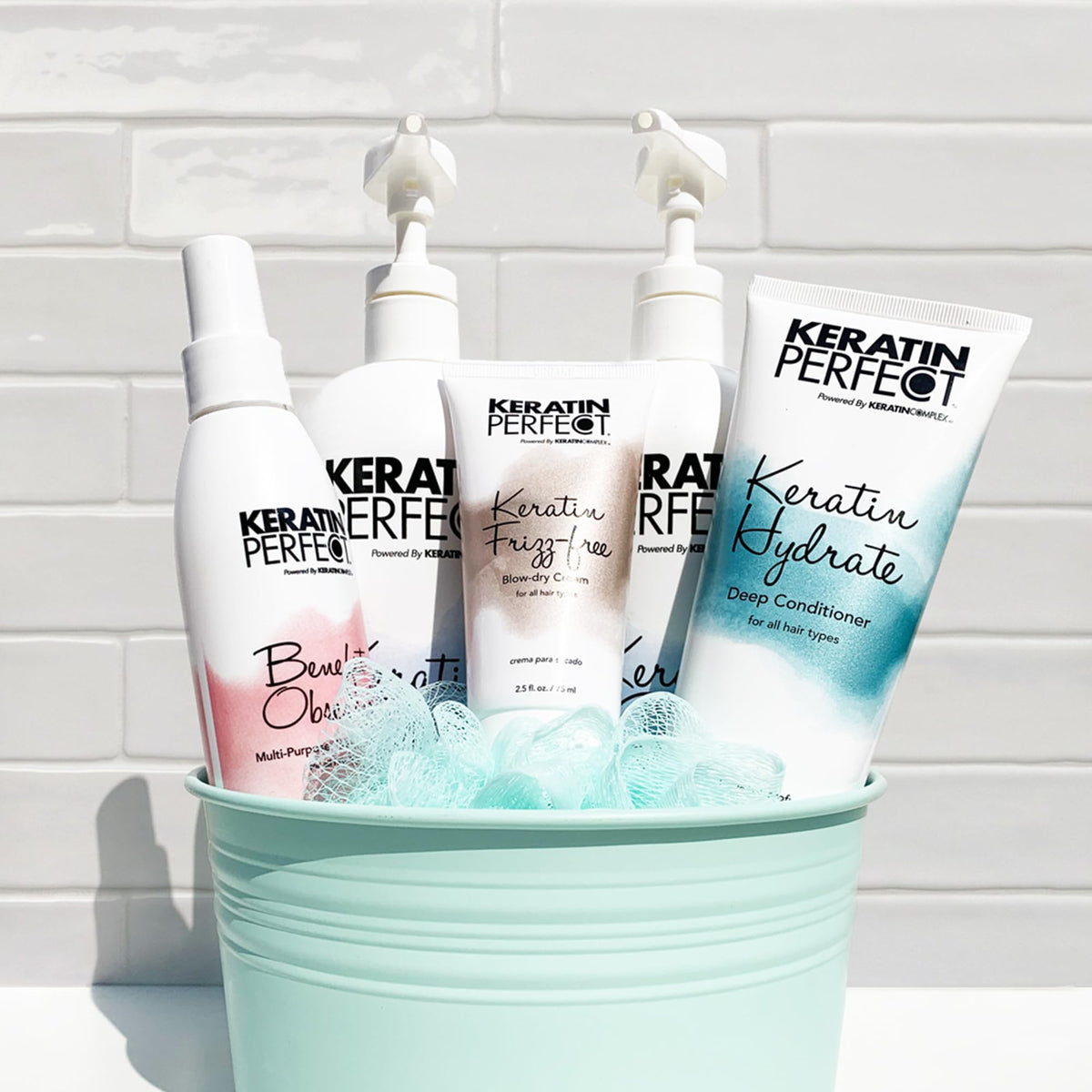 Keratin Perfect bottle on bathroom shelf in modern setting showing salon-quality routine