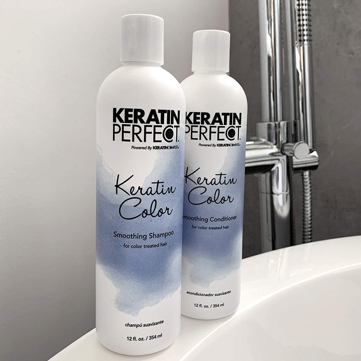 Keratin Perfect lifestyle bathroom shelf showing salon-quality routine benefit