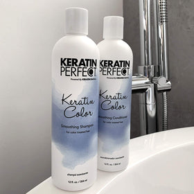 Keratin Perfect lifestyle bathroom shelf showing salon-quality routine benefit