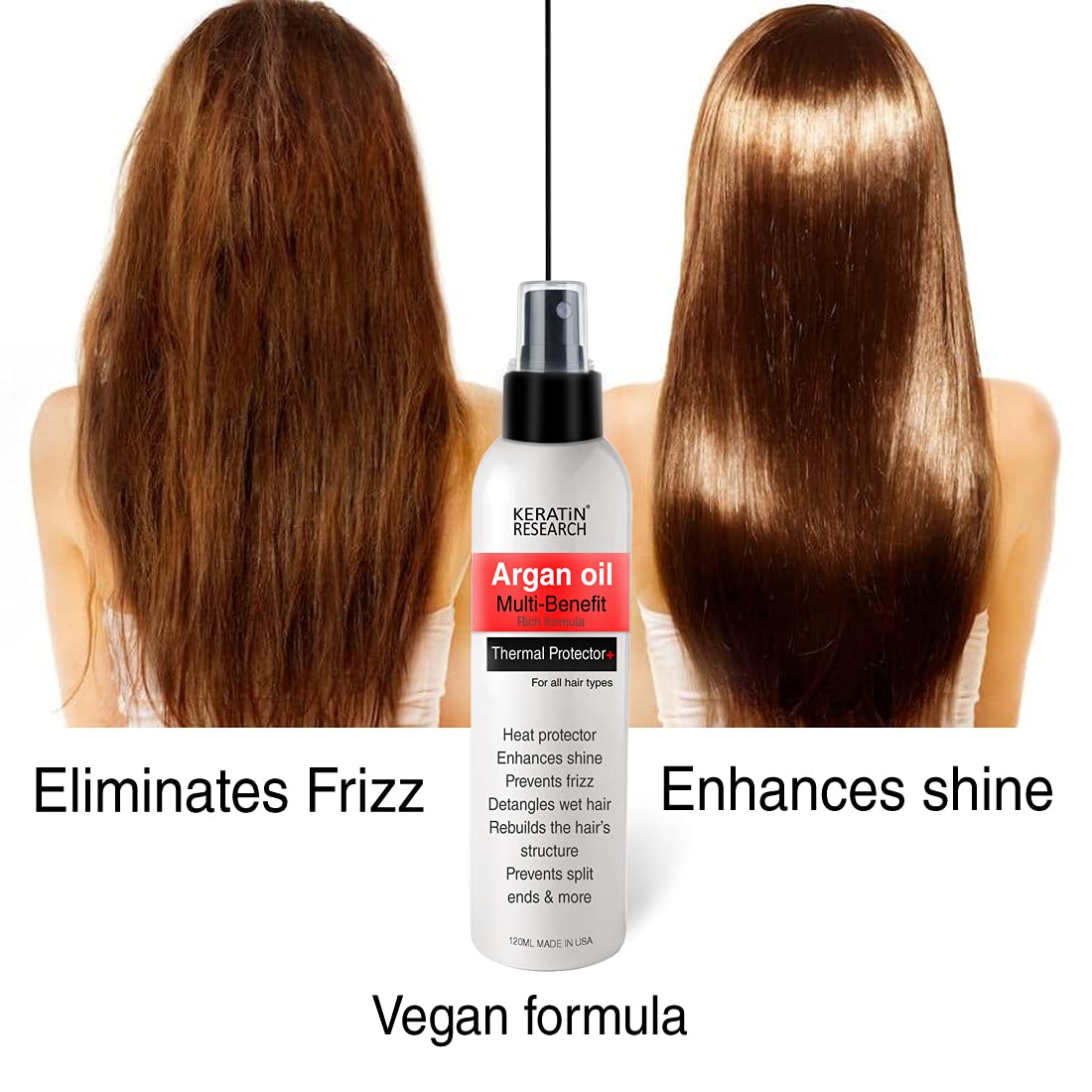 KERATIN RESEARCH before and after blow-dry showing reduced frizz and shine