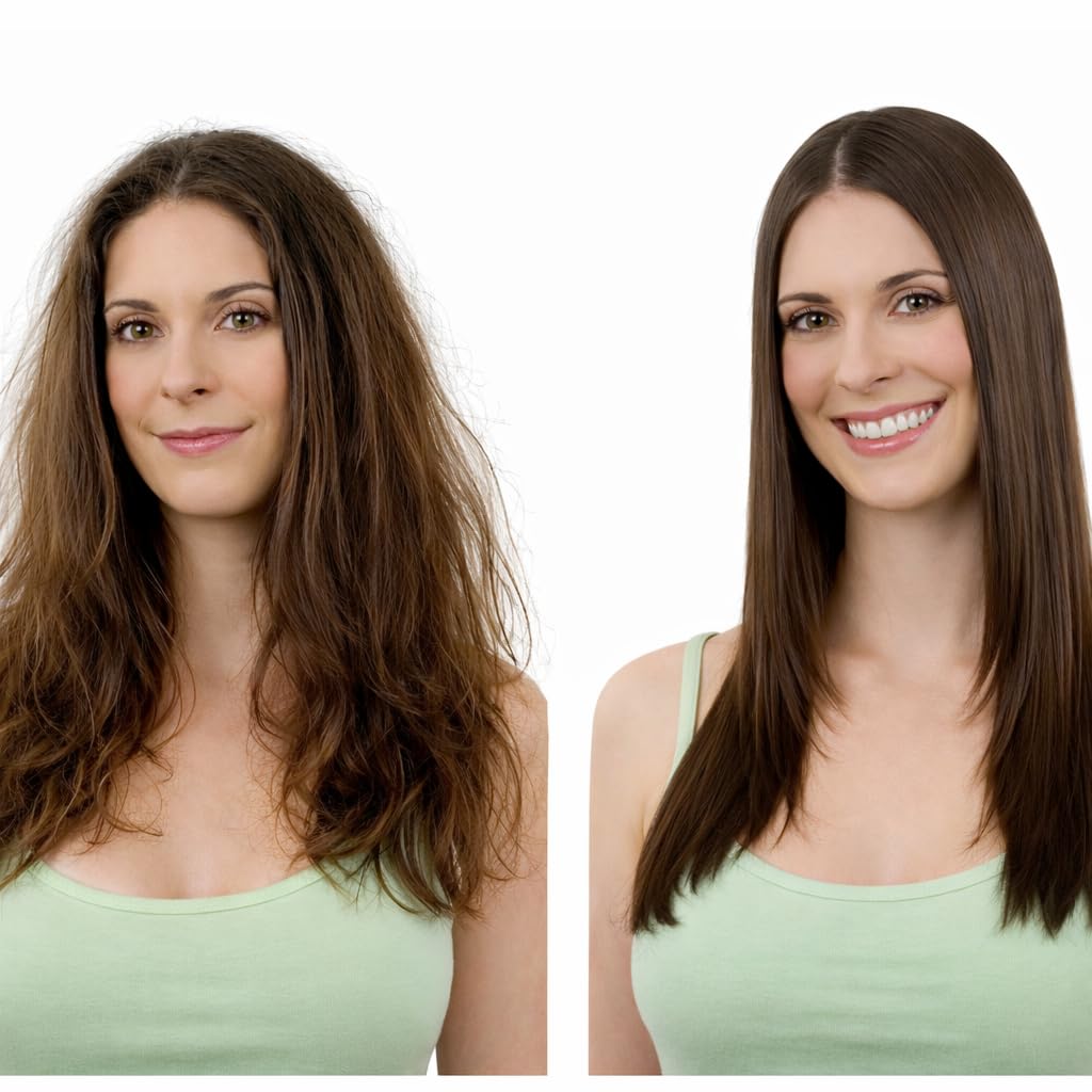 KERATIN RESEARCH before and after hair showing smoother, shinier results