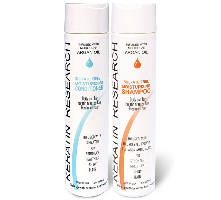 KERATIN RESEARCH front packaging showing two 300ml bottles promoting post-keratin care