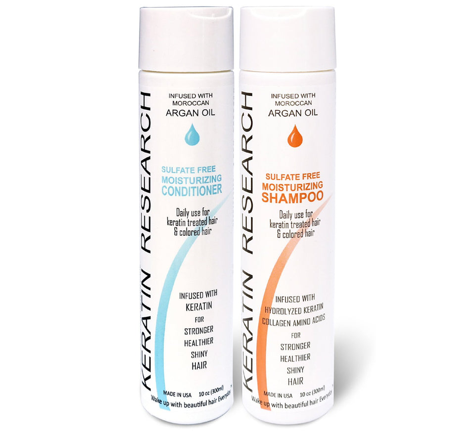 KERATIN RESEARCH front packaging showing two 300ml bottles promoting post-keratin care