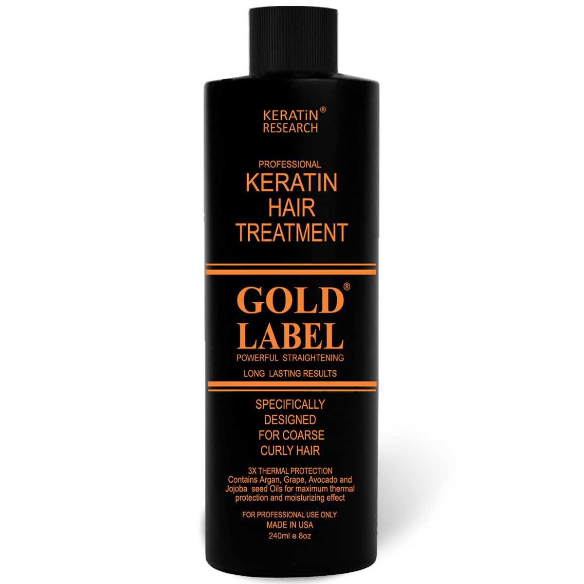 KERATIN RESEARCH front packaging showing professional 240ml bottle and benefits