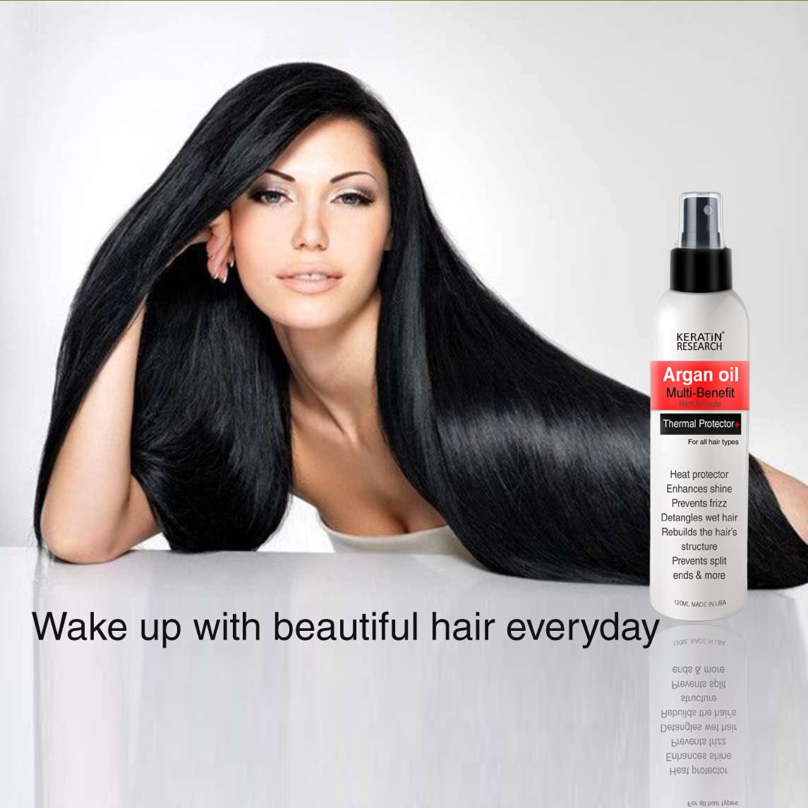KERATIN RESEARCH bottle on bathroom shelf conveying daily routine use