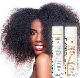 KERATIN RESEARCH size comparison next to hand showing 300ml bottles for value set