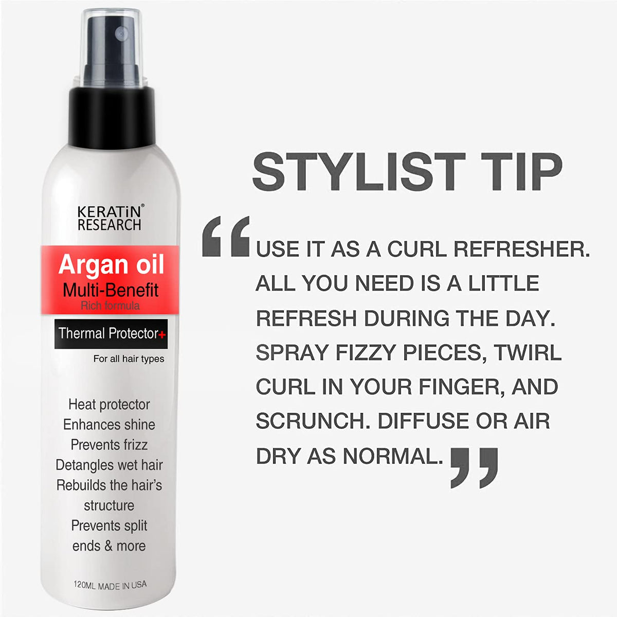 KERATIN RESEARCH stylist applying spray to client for easier styling