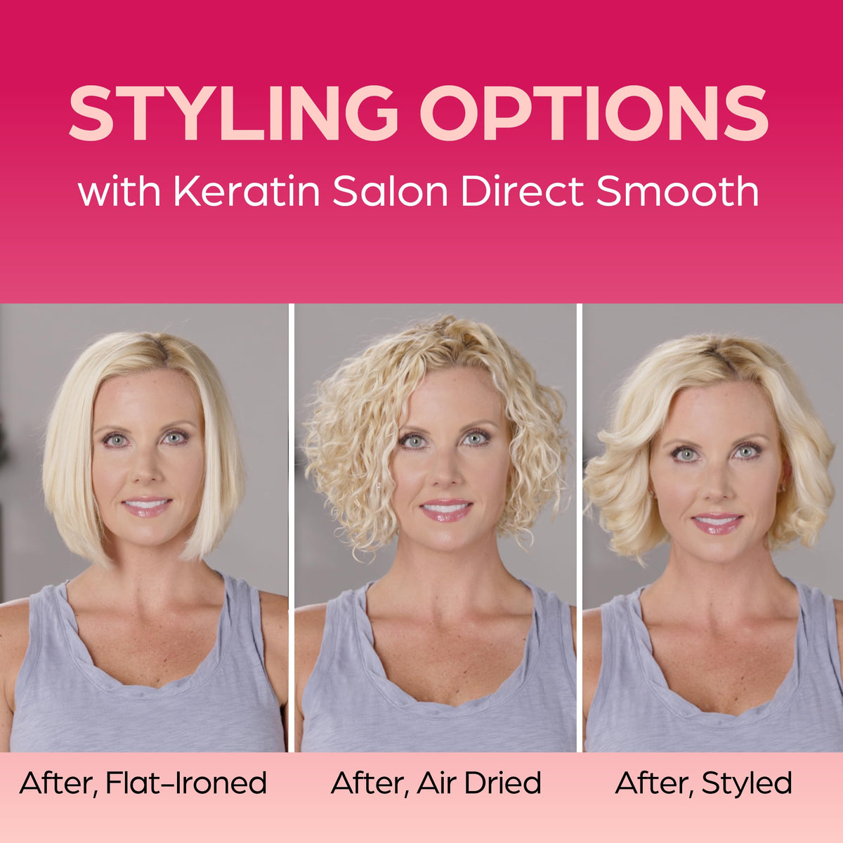Keratin Salon Direct before and after hair comparison showing reduced frizz