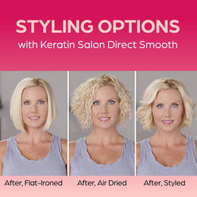 Keratin Salon Direct before and after hair comparison showing reduced frizz