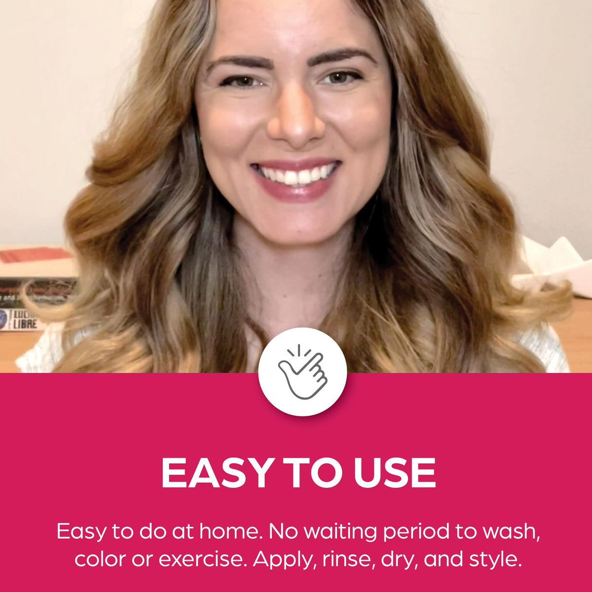 Keratin Salon Direct on bathroom vanity lifestyle image showing effortless salon benefit