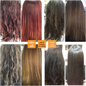 Kerazon product being applied to hair demonstrating smoothing step benefit