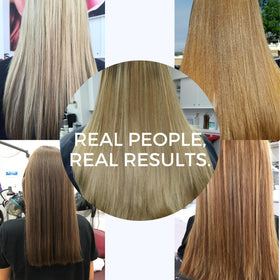 Kerazon Professional applying purple mask on blonde hair for anti-brass benefit