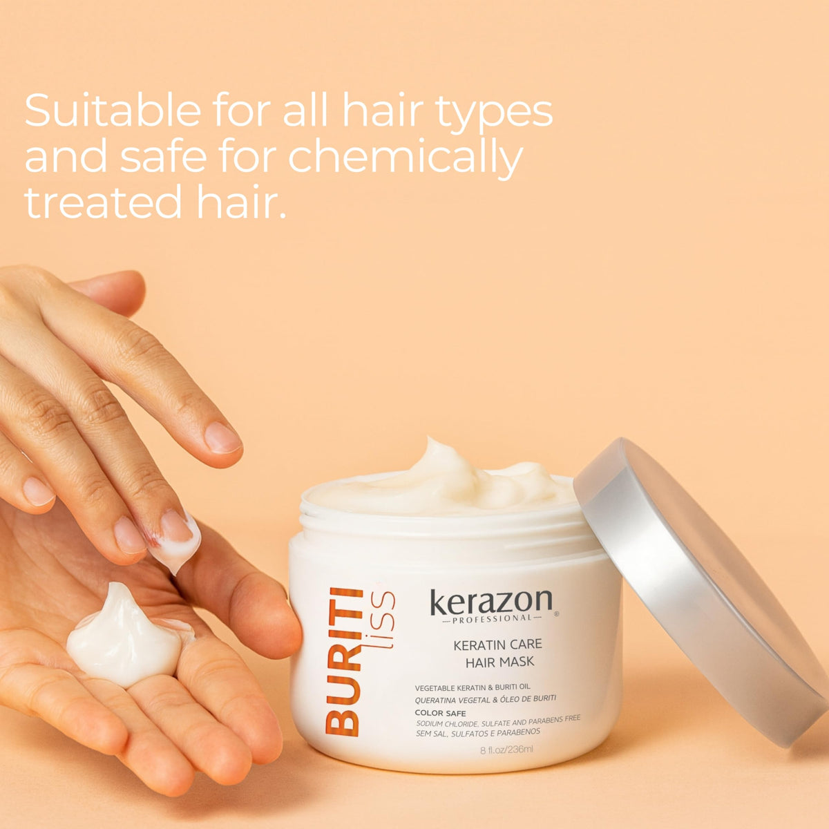 Kerazon Professional label close-up highlighting keratin and buriti oil