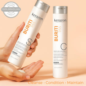 Kerazon bottles next to a hand for scale showing travel-friendly keratin care
