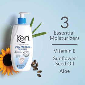 Keri lotion texture pouring from bottle highlighting smooth absorbent formula