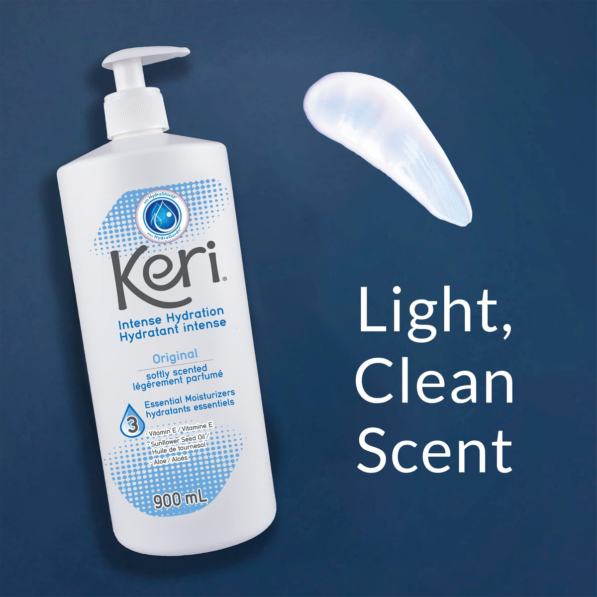 Keri pump close-up displaying lotion texture and easy dispensing benefit