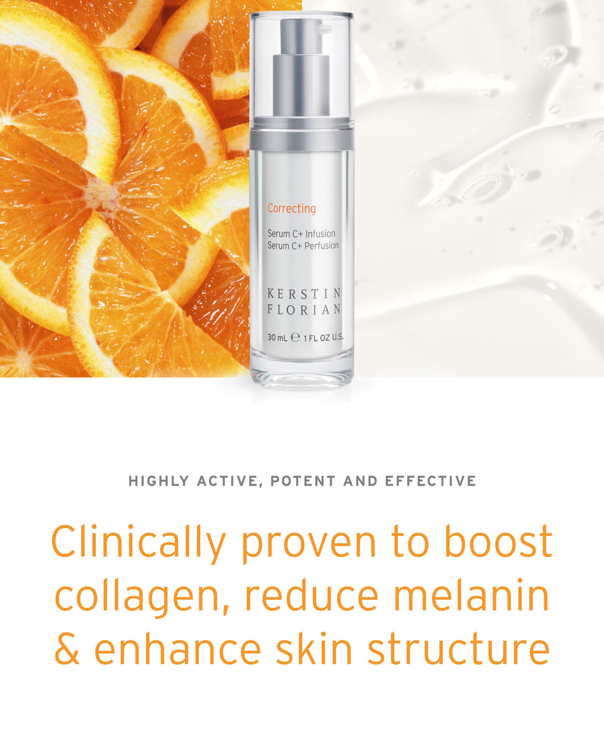 Kerstin Florian bottle staged on vanity conveying luxury skincare and daily use benefit