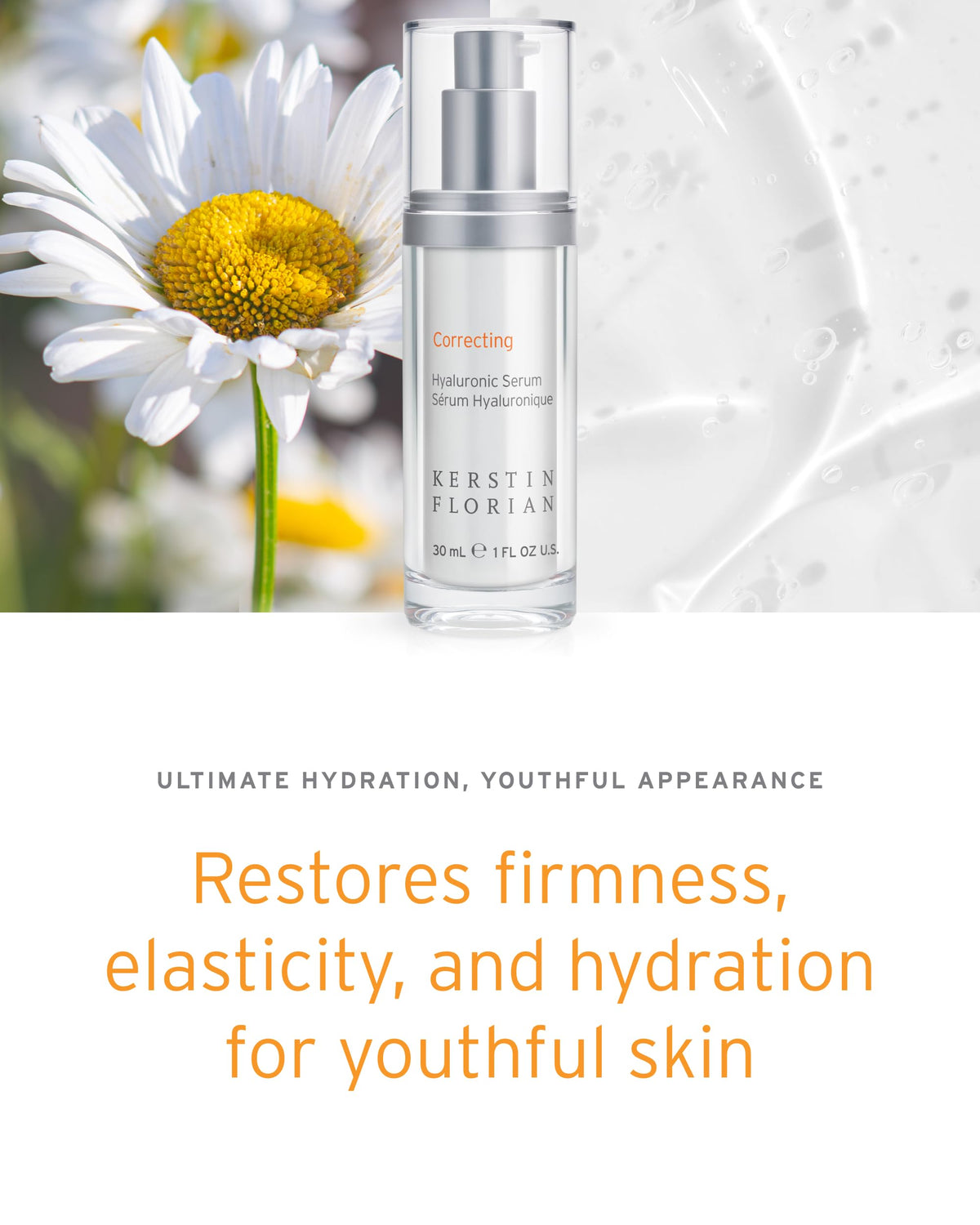 Kerstin Florian serum ingredient display highlighting hyaluronic acid and soothing botanicals