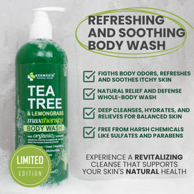 KESMEDIK botanical ingredients flatlay showing tea tree and lemongrass benefits