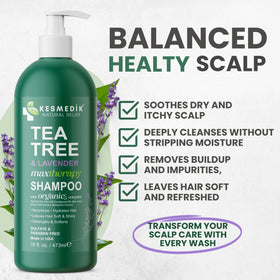 KESMEDIK close-up label highlighting tea tree lavender blend and benefits