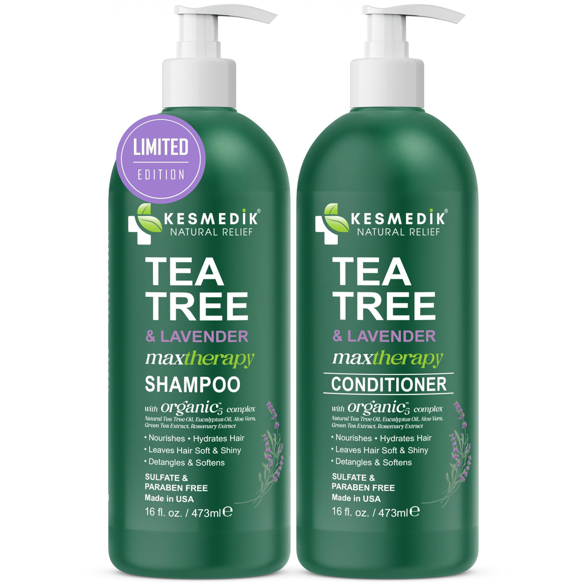 KESMEDIK set on bathroom shelf with plants, natural botanical care aesthetic