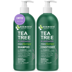 KESMEDIK set on bathroom shelf with plants, natural botanical care aesthetic