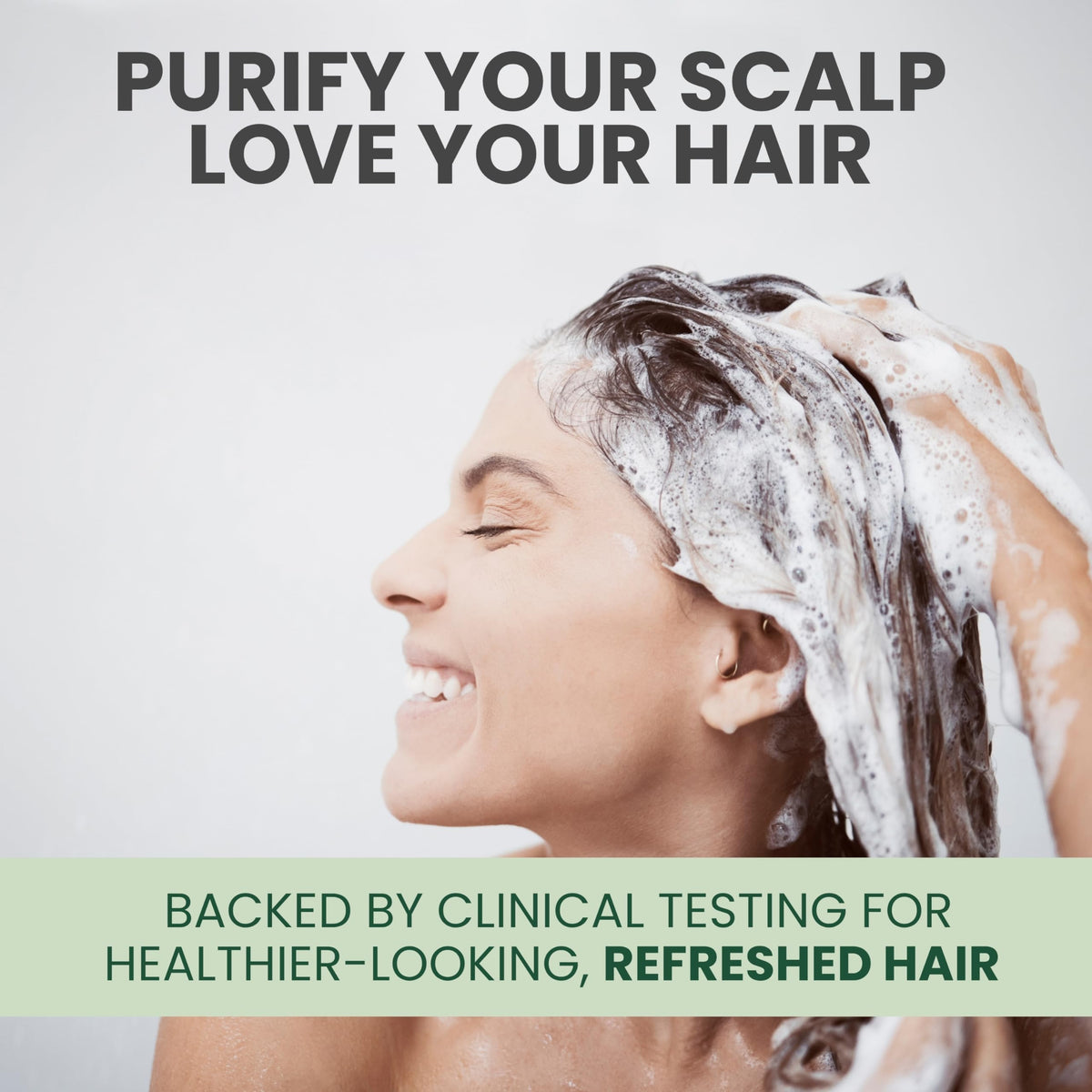 KESMEDIK shampoo being applied in shower to show soothing scalp relief