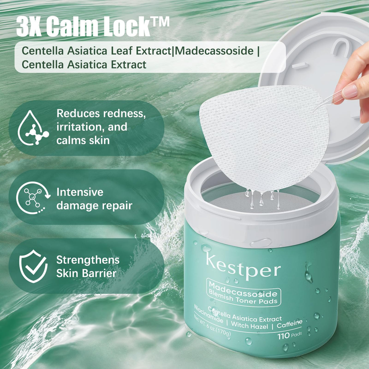 Kestper pad soaked in essence with visible drip for hydrating, calming benefit