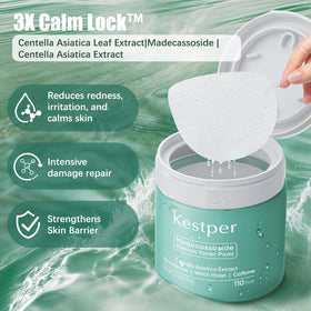 Kestper pad soaked in essence with visible drip for hydrating, calming benefit