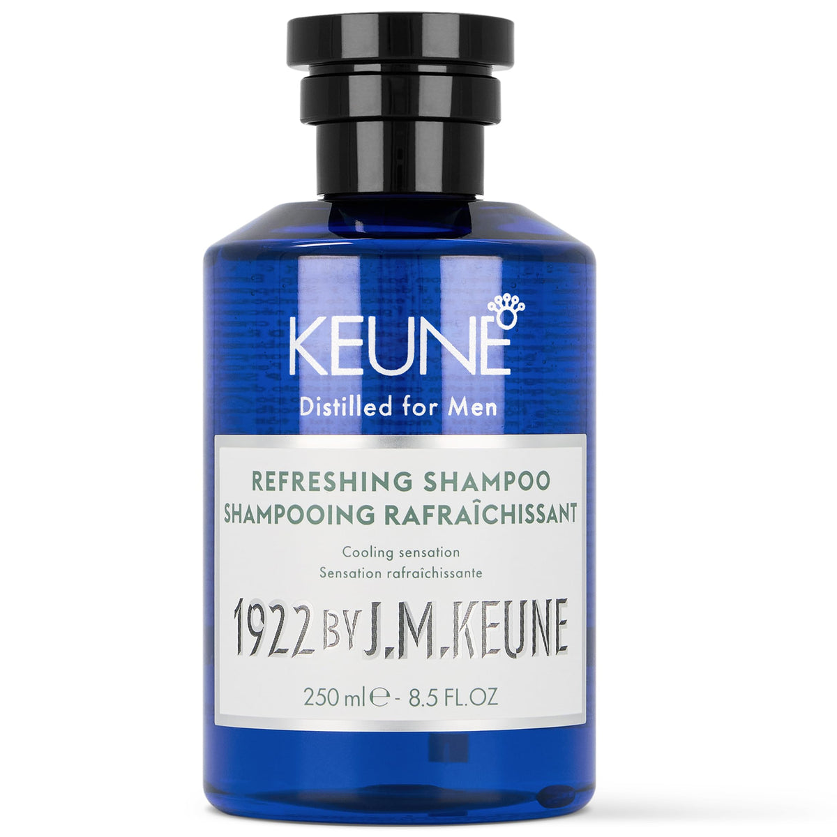 KEUNE 1922 front bottle showing branding and cooling shampoo benefit