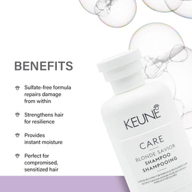KEUNE bottle dispensing shampoo into hand, showing gentle lather benefit