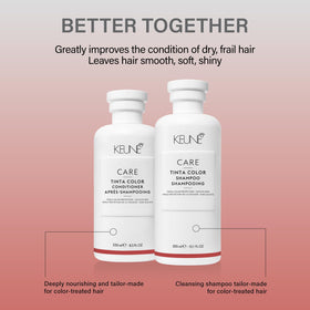 KEUNE bottle on bathroom shelf in lifestyle scene showing daily color-care routine