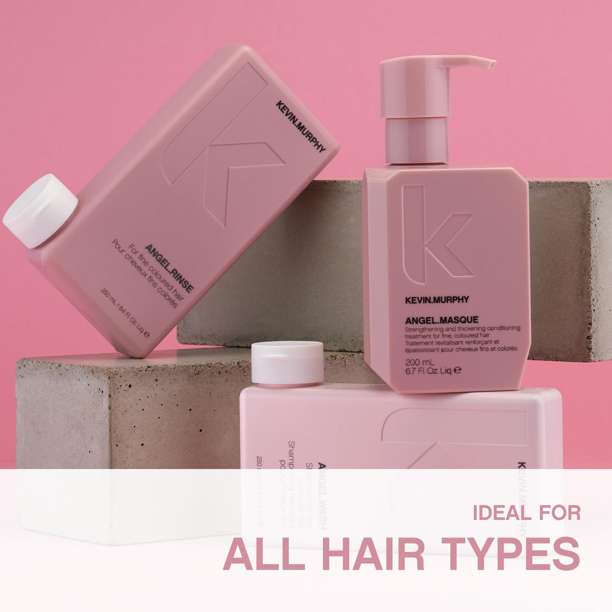 KEVIN.MURPHY ANGEL.MASQUE 200 mL next to common bottle for scale and travel convenience
