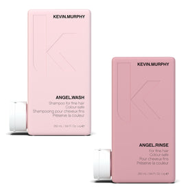 KEVIN.MURPHY front packaging of ANGEL.WASH and ANGEL.RINSE showing salon-ready benefits