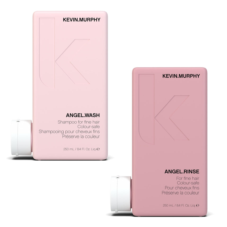 KEVIN.MURPHY front packaging of ANGEL.WASH and ANGEL.RINSE showing salon-ready benefits
