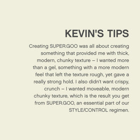 KEVIN.MURPHY SUPER.GOO ingredient display with green tea leaves and bamboo benefit conditioning