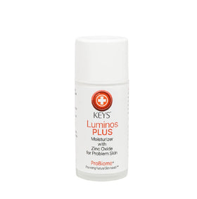 Keys Luminos PLUS front packaging showing bottle and label, highlights SPF and moisturizer benefits