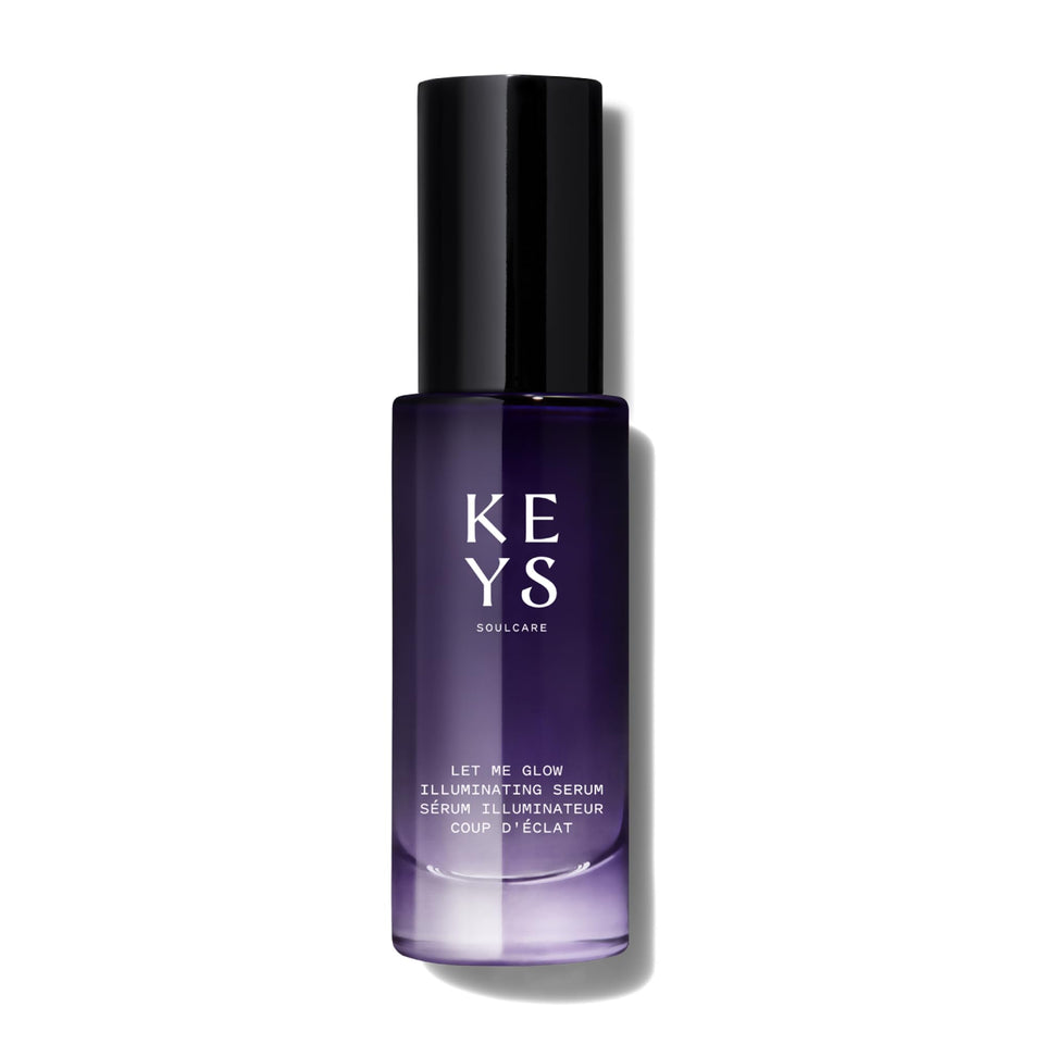 Keys Soulcare front bottle of Let Me Glow showing packaging and glow benefit